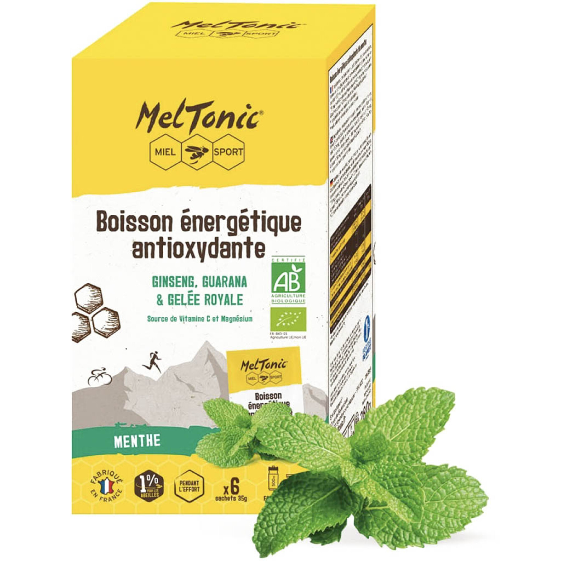 Caja de 6 sobres de bebida energética antioxidante ecológica menta Meltonic 35 g